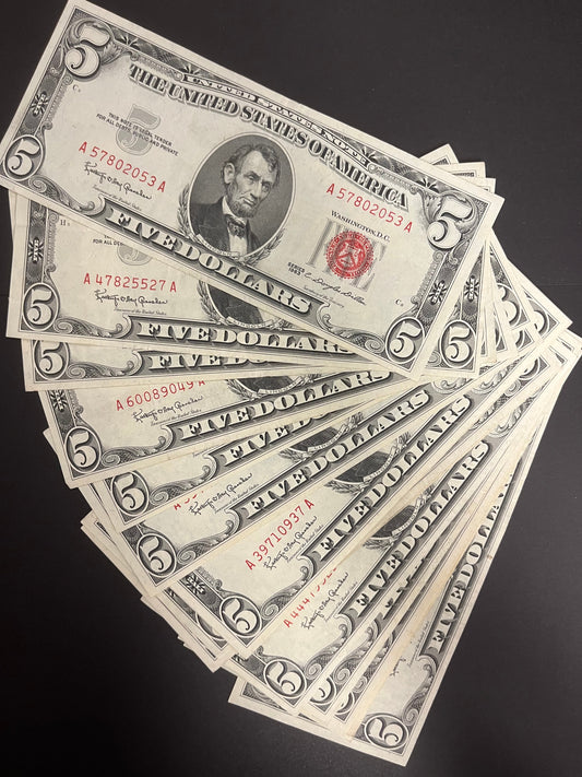 1963 $5 Red Seal United States Note - 3 Pack - Crisp