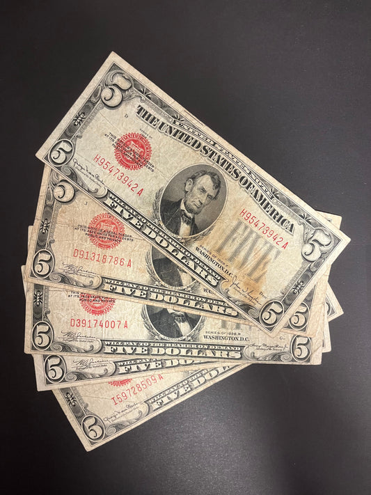 1928 $5 Red Seal United States Note - 3 Pack - Well Circulated