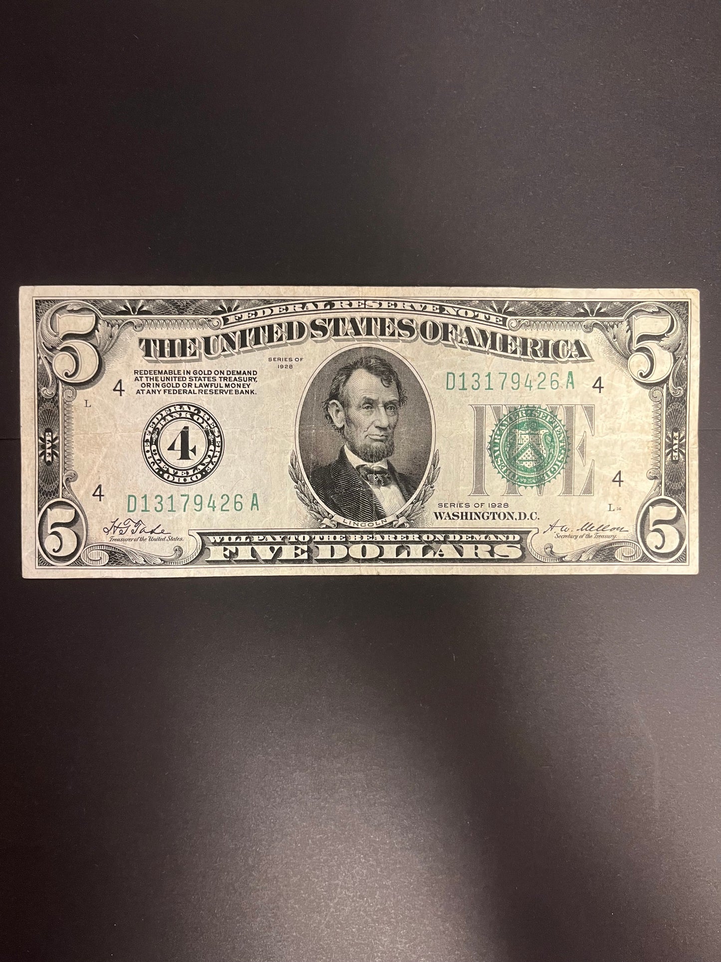 1928 $5 Green Seal Federal Reserve Note - Numerical 4 - 9426A