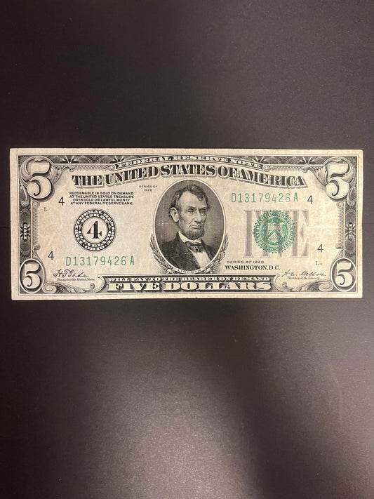 1928 $5 Green Seal Federal Reserve Note - Numerical 4 - 9426A