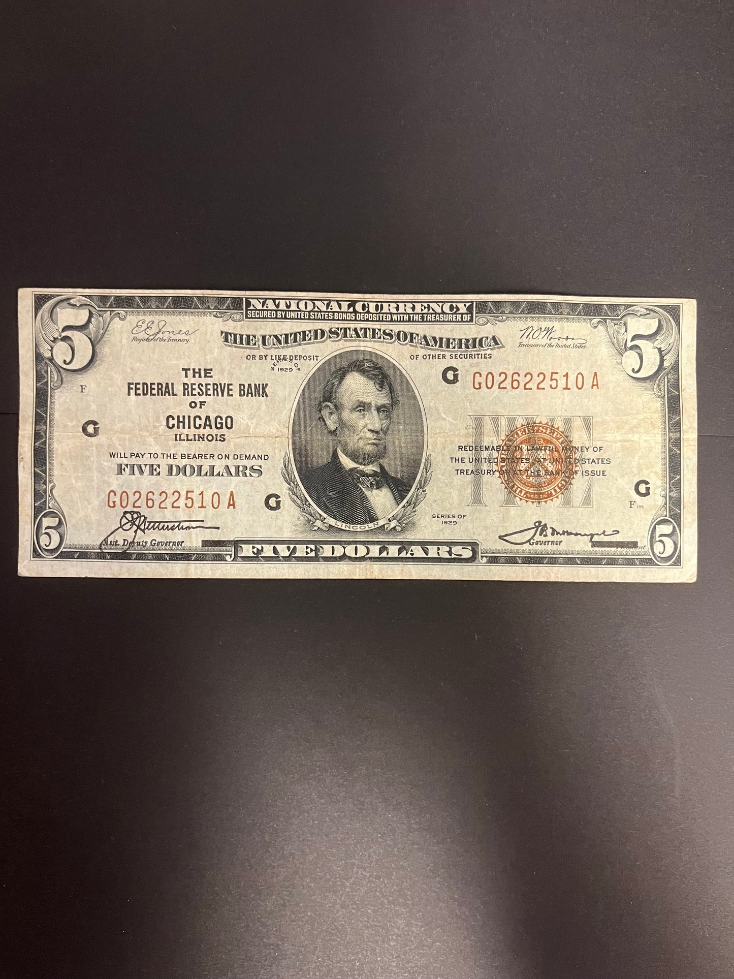1929 $5 FRBN Chicago, IL 2510A