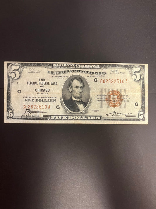 1929 $5 FRBN Chicago, IL 2510A