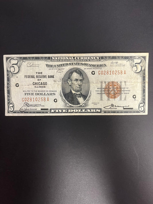 1929 $5 FRBN Chicago, IL 0258A