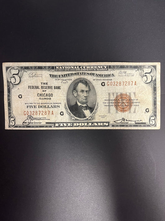 1929 $5 FRBN Chicago, IL 7287A
