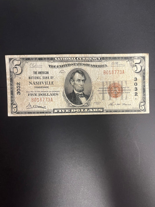 1929 $5 National Currency Note - American National Bank Nashville TN - 773A