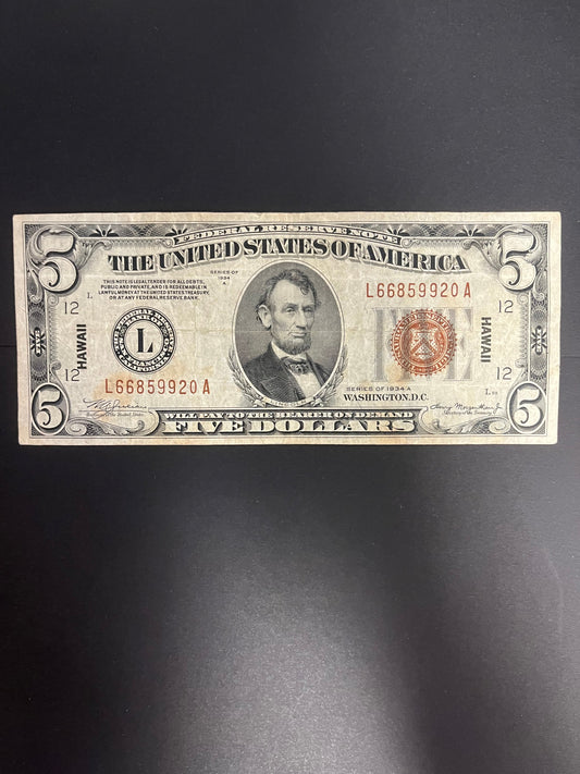1934A $5 Hawaii Emergency Issue Note - WWII Brown Seal US Paper Money - 9920A
