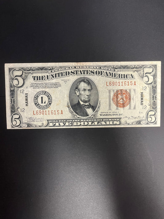 1934A $5 Hawaii Emergency Issue Note - WWII Brown Seal US Paper Money -1615A