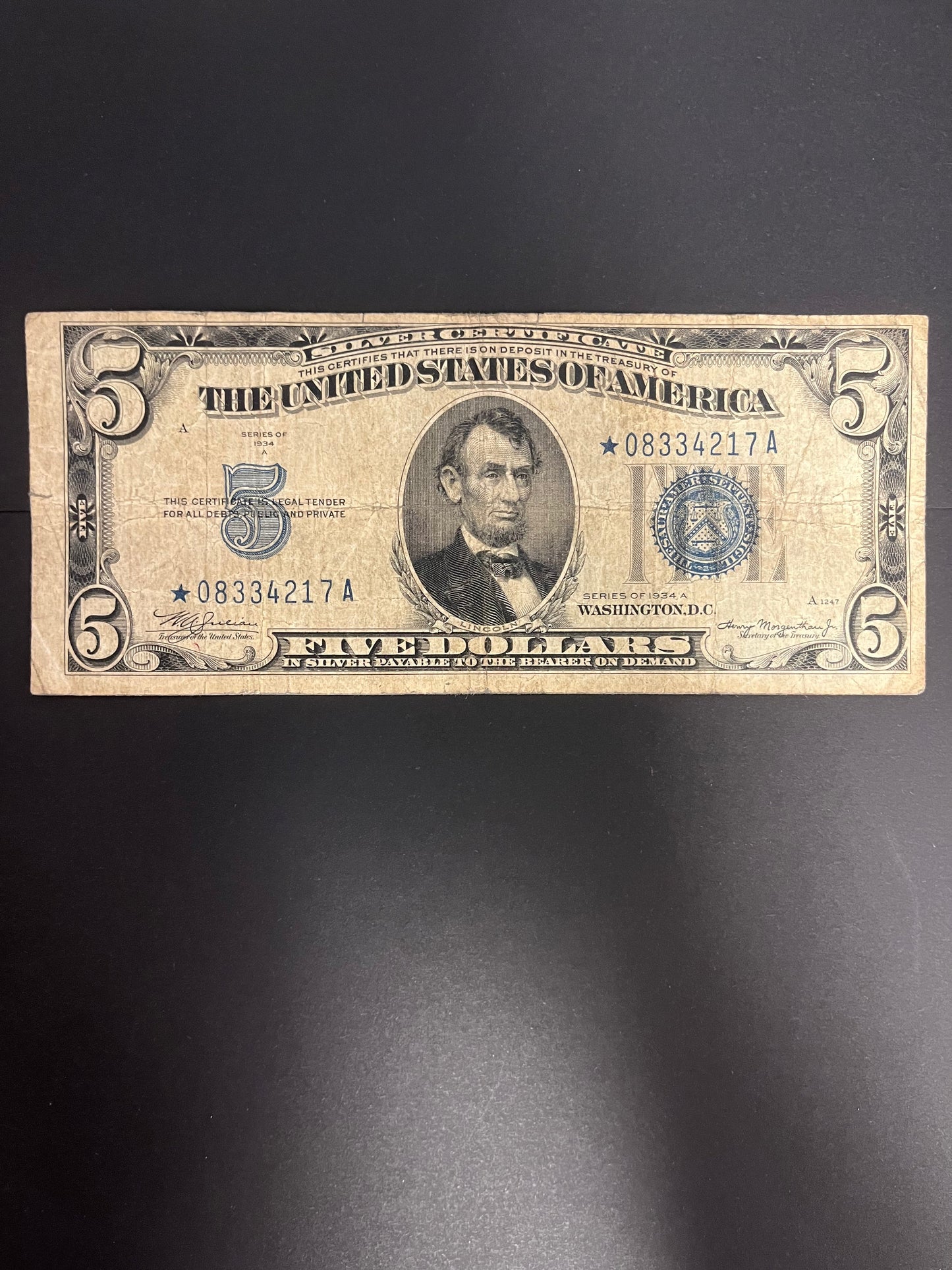 1934A $5 Silver Certificate Note - Blue Seal Star Note - 4217A
