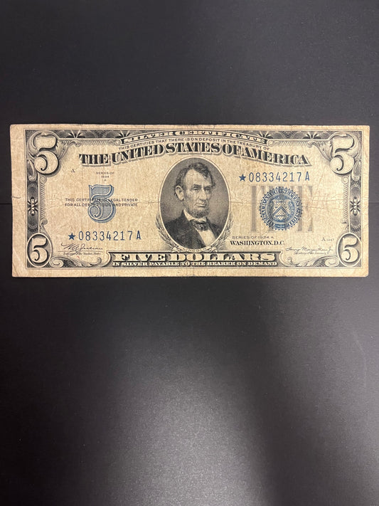 1934A $5 Silver Certificate Note - Blue Seal Star Note - 4217A