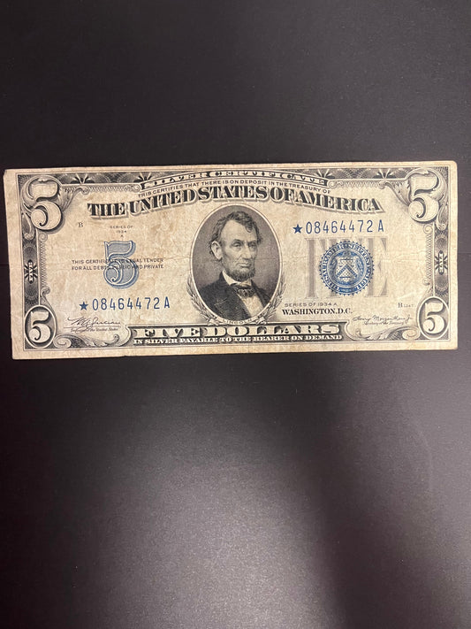1934A $5 Silver Certificate Note - Blue Seal Star Note - 4472A