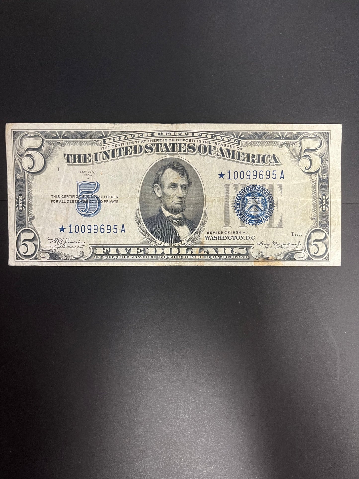 1934A $5 Silver Certificate Note - Blue Seal Star Note - 9695A