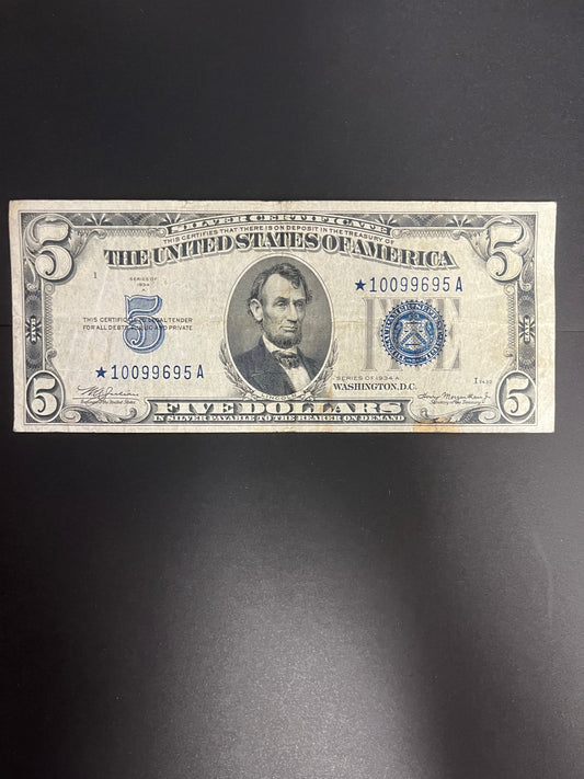 1934A $5 Silver Certificate Note - Blue Seal Star Note - 9695A