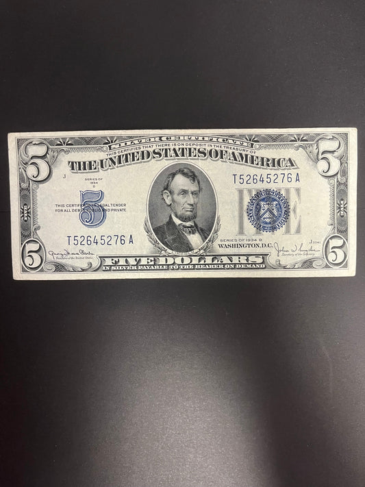 1934D $5 Silver Certificate Note - Blue Seal -5276A
