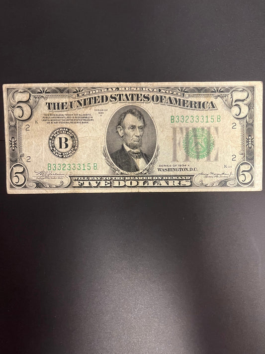 1934A $5 Federal Reserve Note - Green Seal 3315B