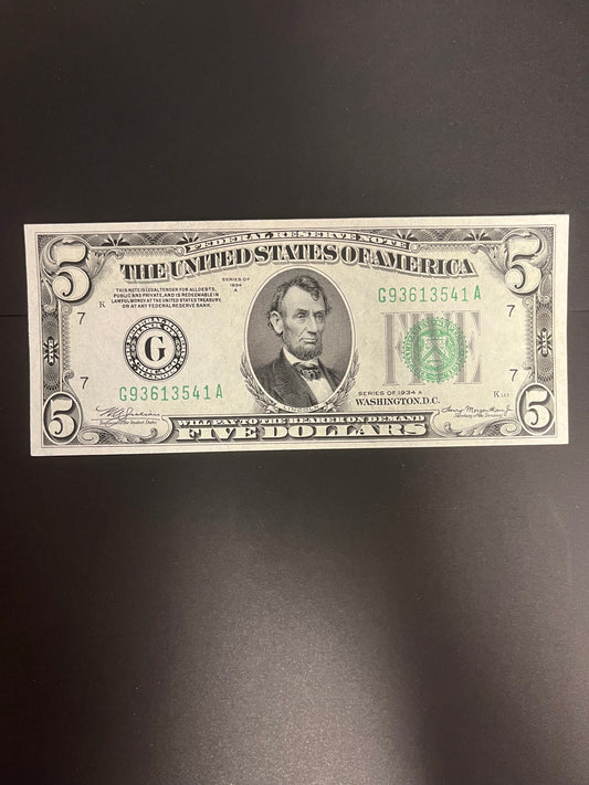 1934A $5 Federal Reserve Note - Green Seal GEM Unc 13541A