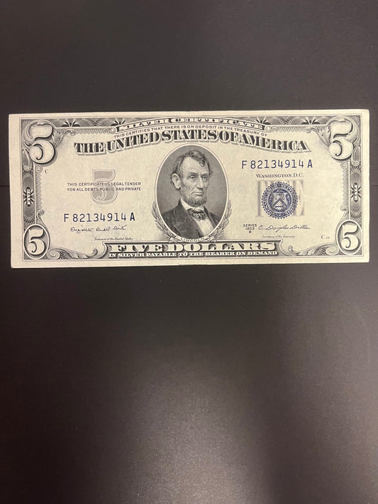 1953B $5 Silver Certificate - Crisp Blue Seal - 4914A
