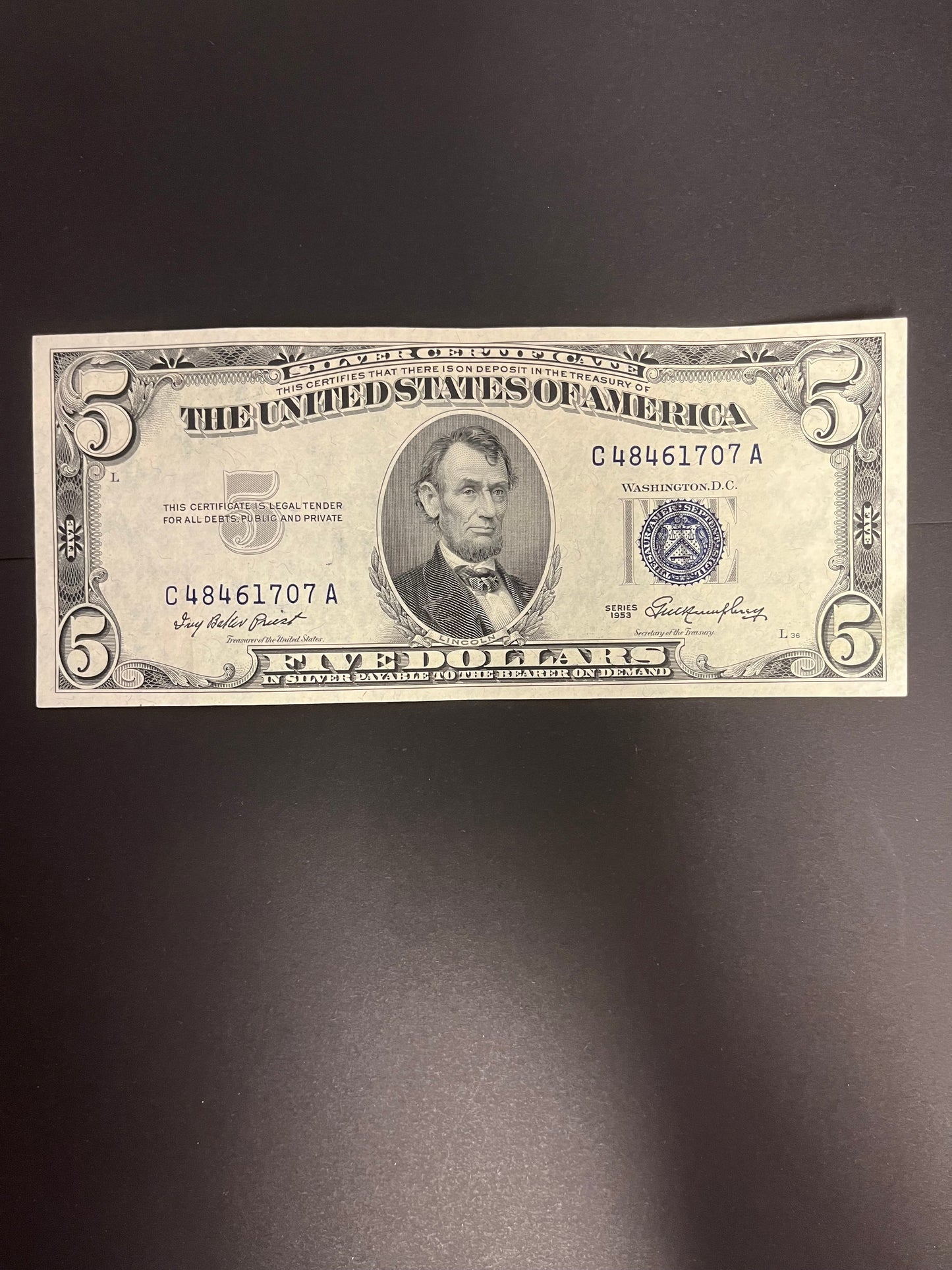 1953 $5 Silver Certificate - Crisp Blue Seal - 1707A
