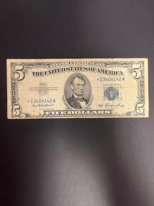 1953 $5 Silver Certificate Star Note - Blue Seal - 4142A