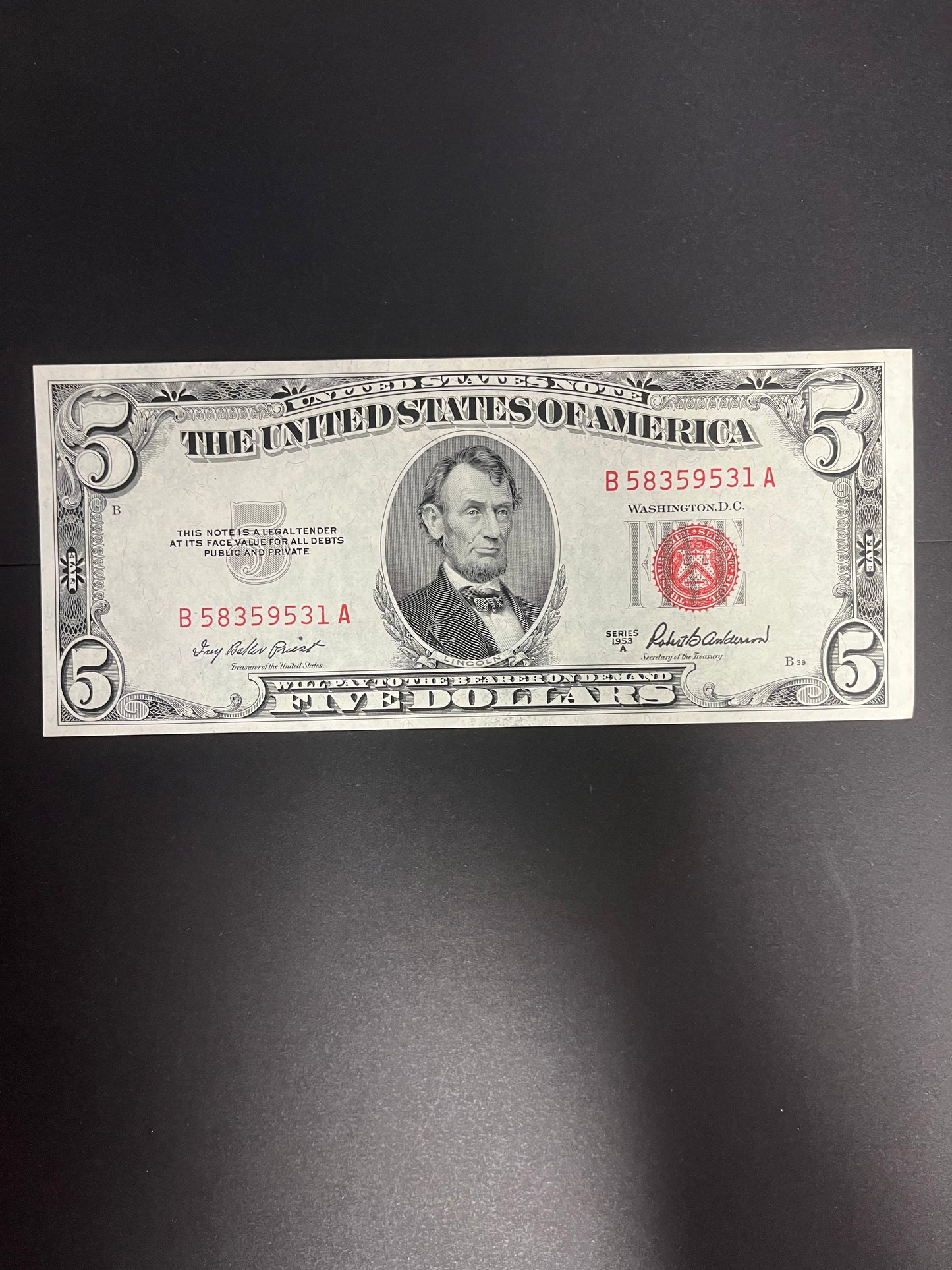 1953A $5 Red Seal United States Note - Crisp Old US Currency - 9531A