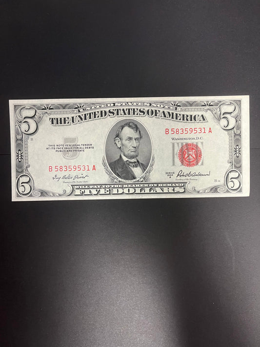 1953A $5 Red Seal United States Note - Crisp Old US Currency - 9531A