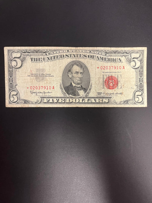 1963 $5 Red Seal Star Note - Circulated US Legal Tender 7910A