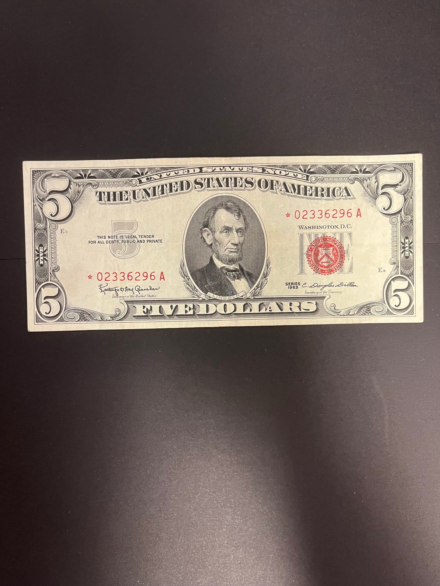 1963 $5 Red Seal Star Note - Circulated US Legal Tender 6296A