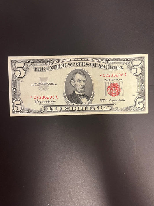 1963 $5 Red Seal Star Note - Circulated US Legal Tender 6296A