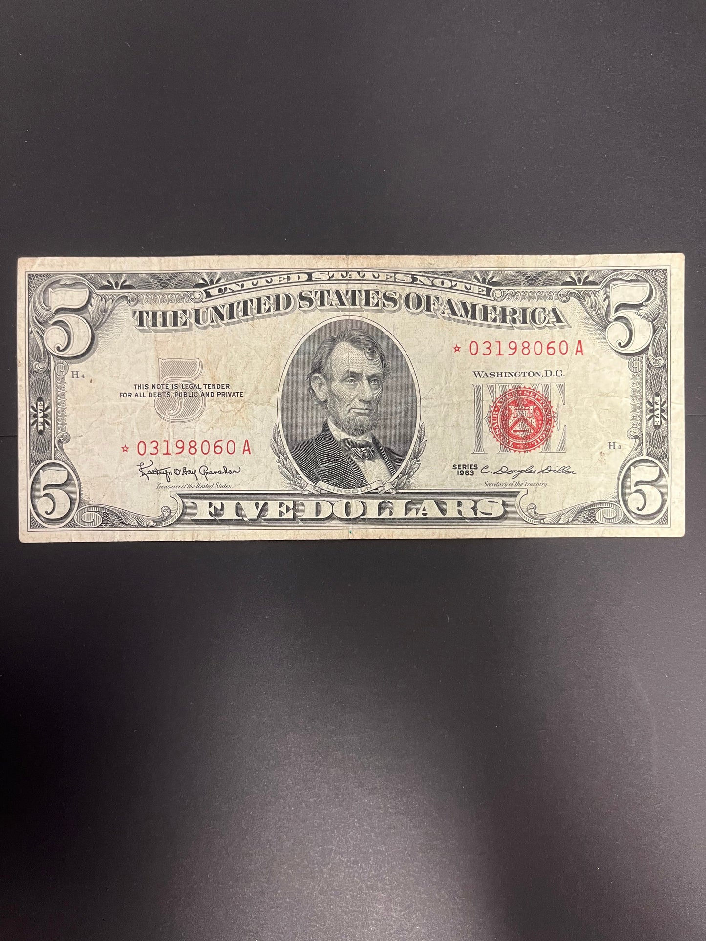 1963 $5 Red Seal Star Note - Circulated US Legal Tender 8060A