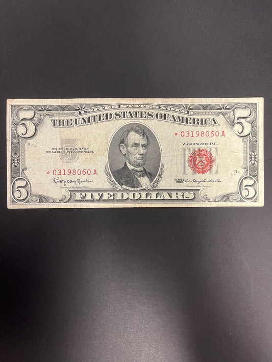 1963 $5 Red Seal Star Note - Circulated US Legal Tender 8060A