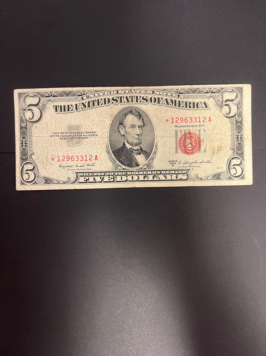 1953B $5 Red Seal Star Note - Circulated US Legal Tender 3312A