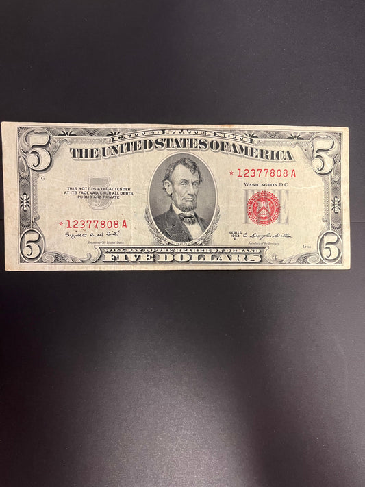 1953B $5 Red Seal Star Note - Circulated US Legal Tender 7808A