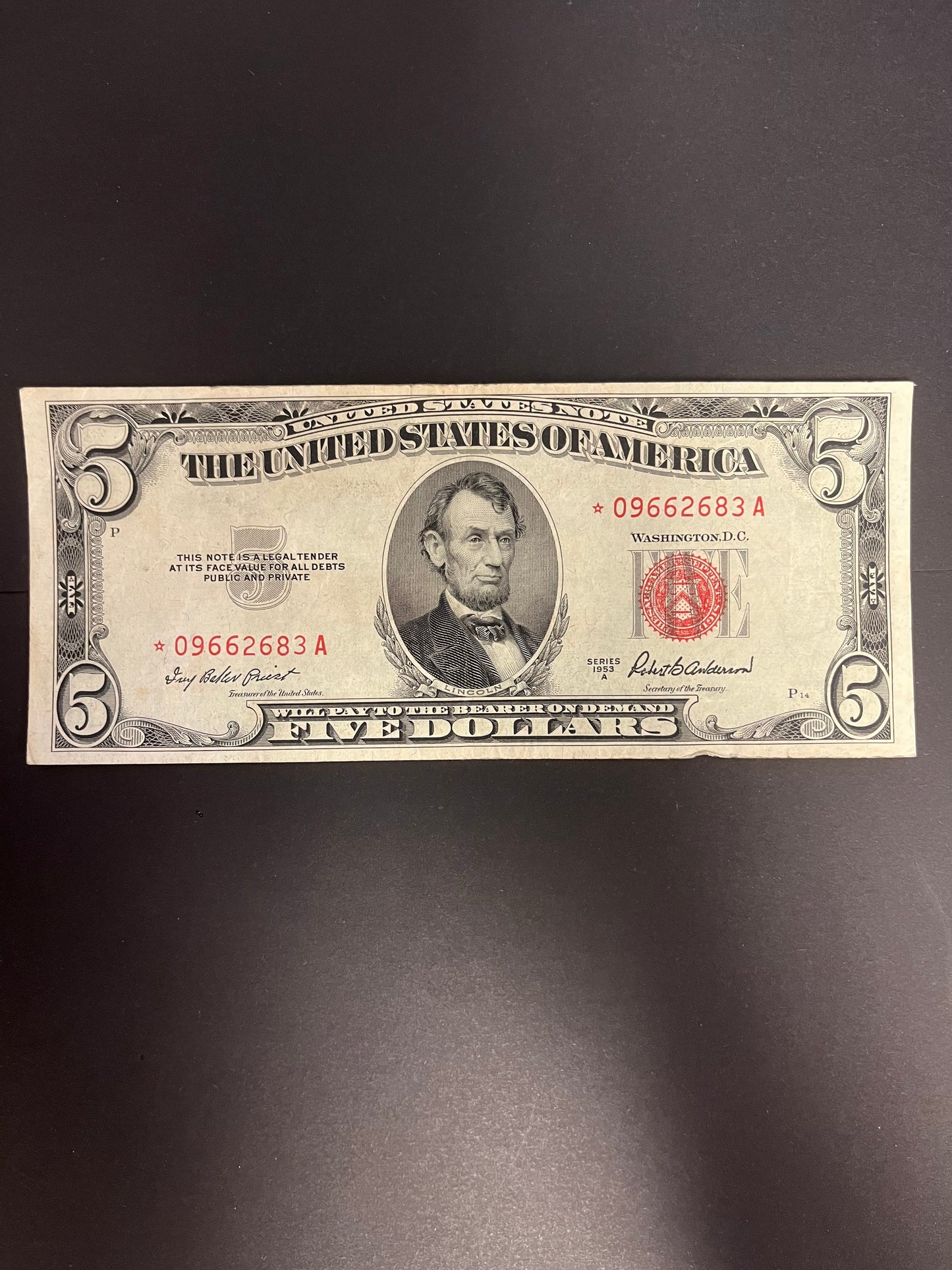 1953A $5 Red Seal Star Note - Circulated US Legal Tender 2683A