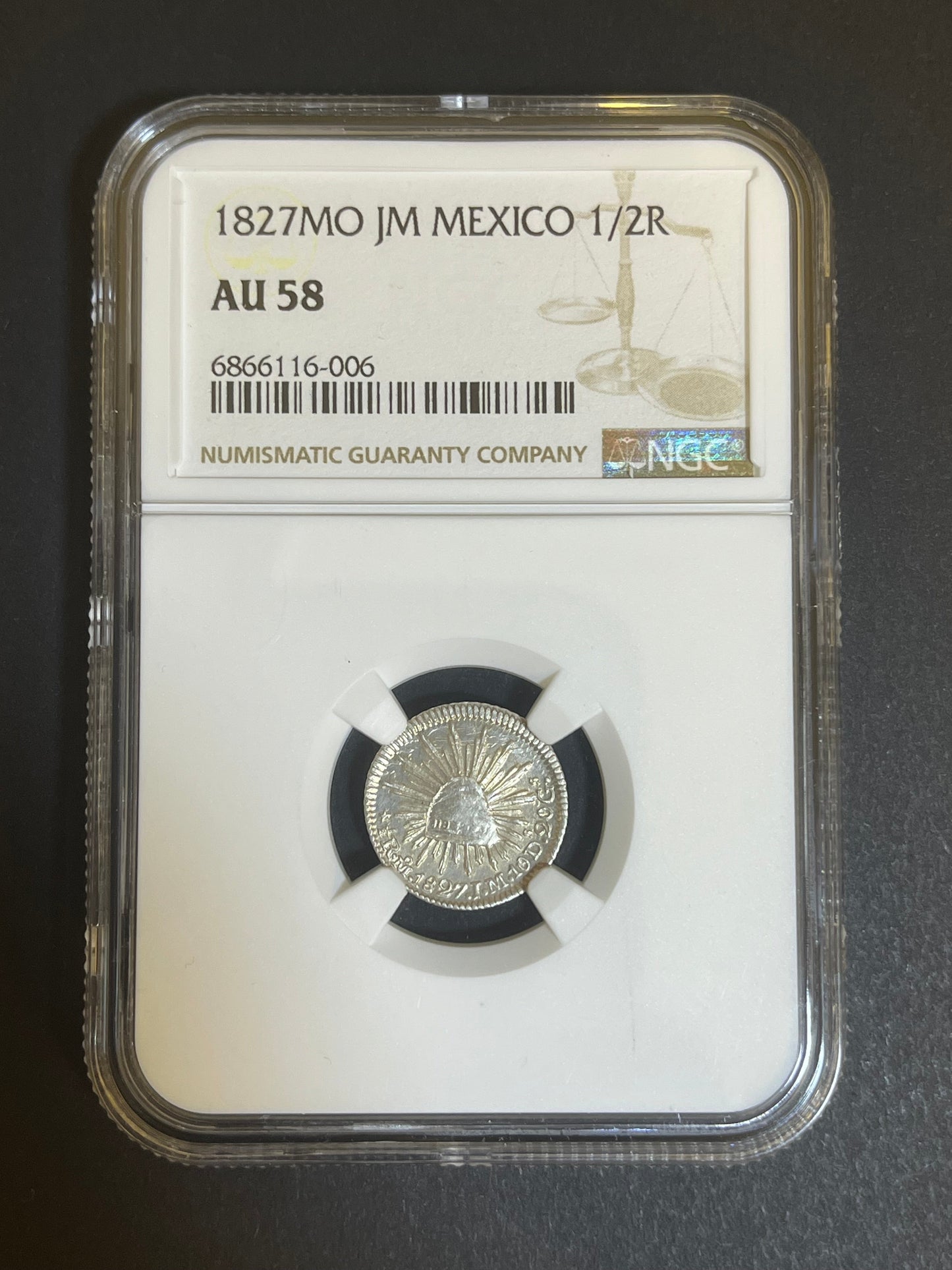 1827 Mexico 1/2 Real Silver Coin - NGC AU 58