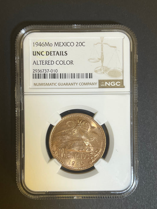 1946 Mexico 20 Centavos NGC UNC Details - Altered Color - Volcano Design