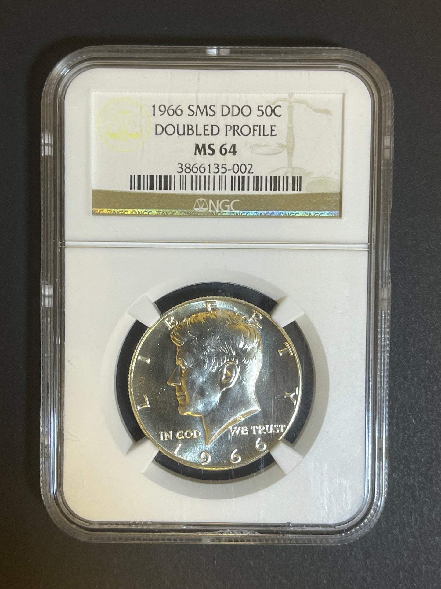 1966 Kennedy Half Dollar SMS DDO - Doubled Profile - MS64 NGC Error Coin