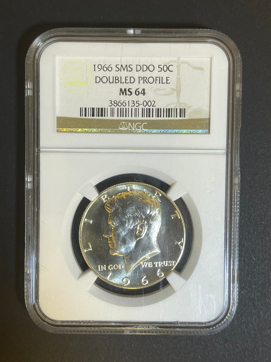 1966 Kennedy Half Dollar SMS DDO - Doubled Profile - MS64 NGC Error Coin