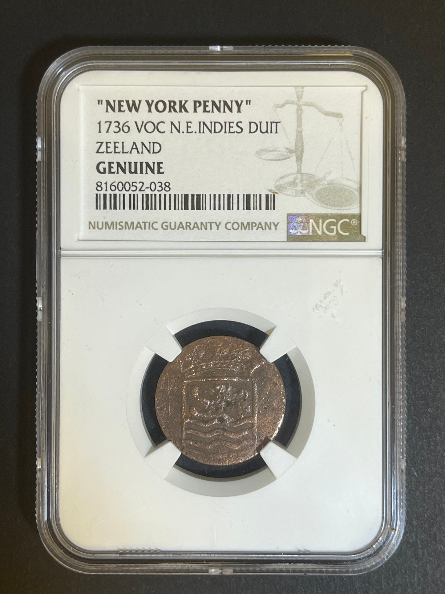 1736 VOC N.E. Indies Duit Zeeland “New York Penny” NGC Genuine