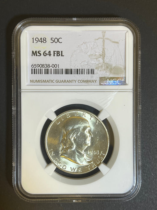 1948 Franklin Half Dollar - MS 64 FBL NGC -90% Silver Coin