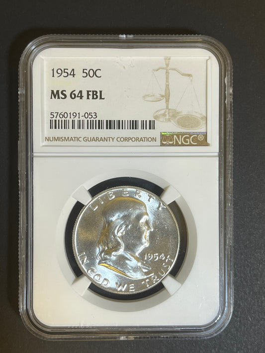 1954 Franklin Half Dollar - MS 64 FBL NGC - 90% Silver Coin