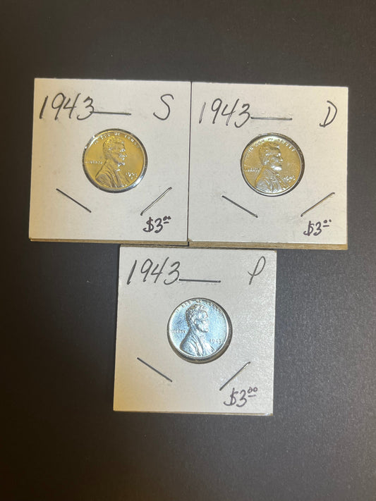 1943 Lincoln Steel Penny Trio - P D S Set - WWII Emergency Issue Cents