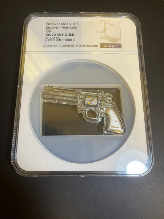 2023 Chad $10 Revolver Shaped Coin - 2oz Silver Gilt MS70 Antiqued NGC High Relief