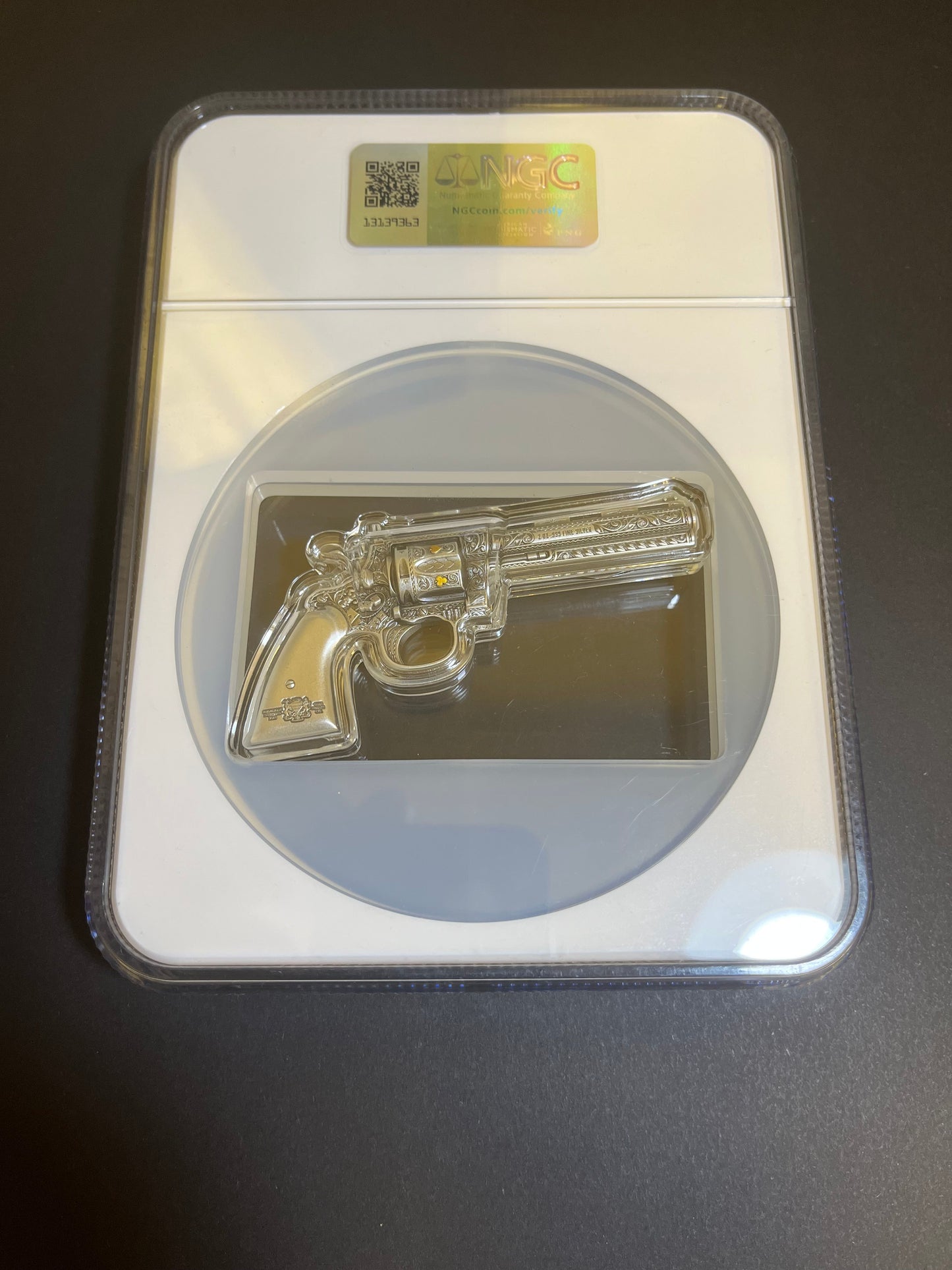 2023 Chad $10 Revolver Shaped Coin - 2oz Silver Gilt MS70 Antiqued NGC High Relief