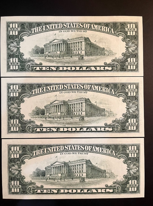 1990 10 Dollar Bill Uncirculated US Currency Paper Money Federal Reserve Lot of Three