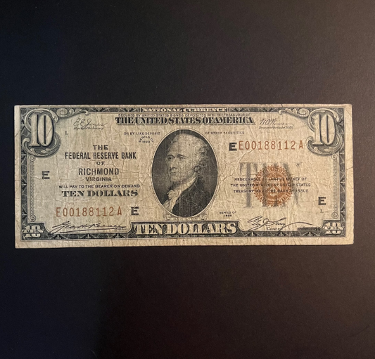 1929 National Currency 10 Dollar Bill Richmond Federal Reserve Bank US Old Paper Money Vintage Currency