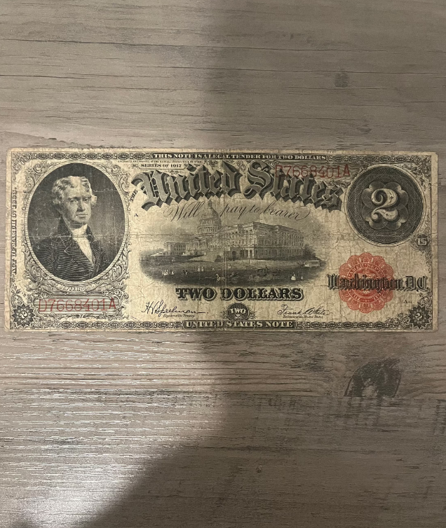 1917 2 dollar large old US paper money Serial 8401A