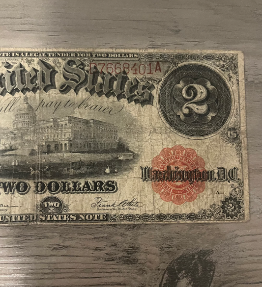 1917 2 dollar large old US paper money Serial 8401A