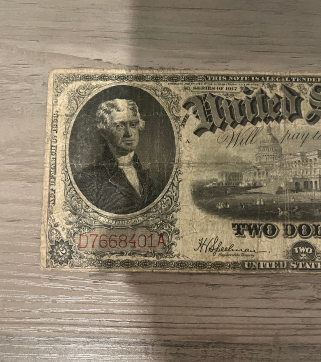 1917 2 dollar large old US paper money Serial 8401A