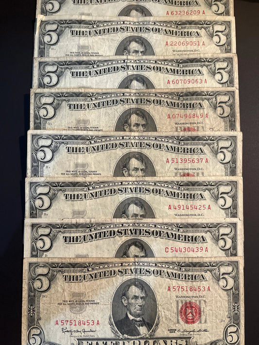 1963 $5 Red Seal United States FIVE DOLLAR Bill United States Federal Reserve Note US Currency - Note