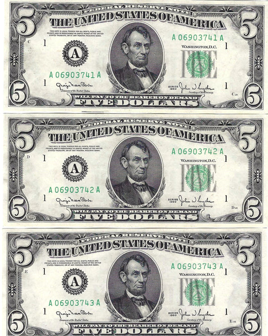 1950 Lot of 3 Consecutive Gem Uncirculated 5 Dollar FRN Boston District NICE United States Paper Money Real US Tender Sequential Notes