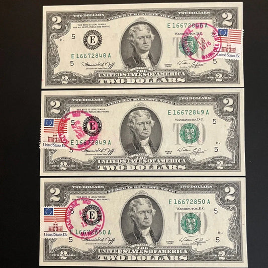 Lot of 3 1976 2 Dollar First Day Issue BALTIMORE Fed Res Notes CONSECUTIVE Serial